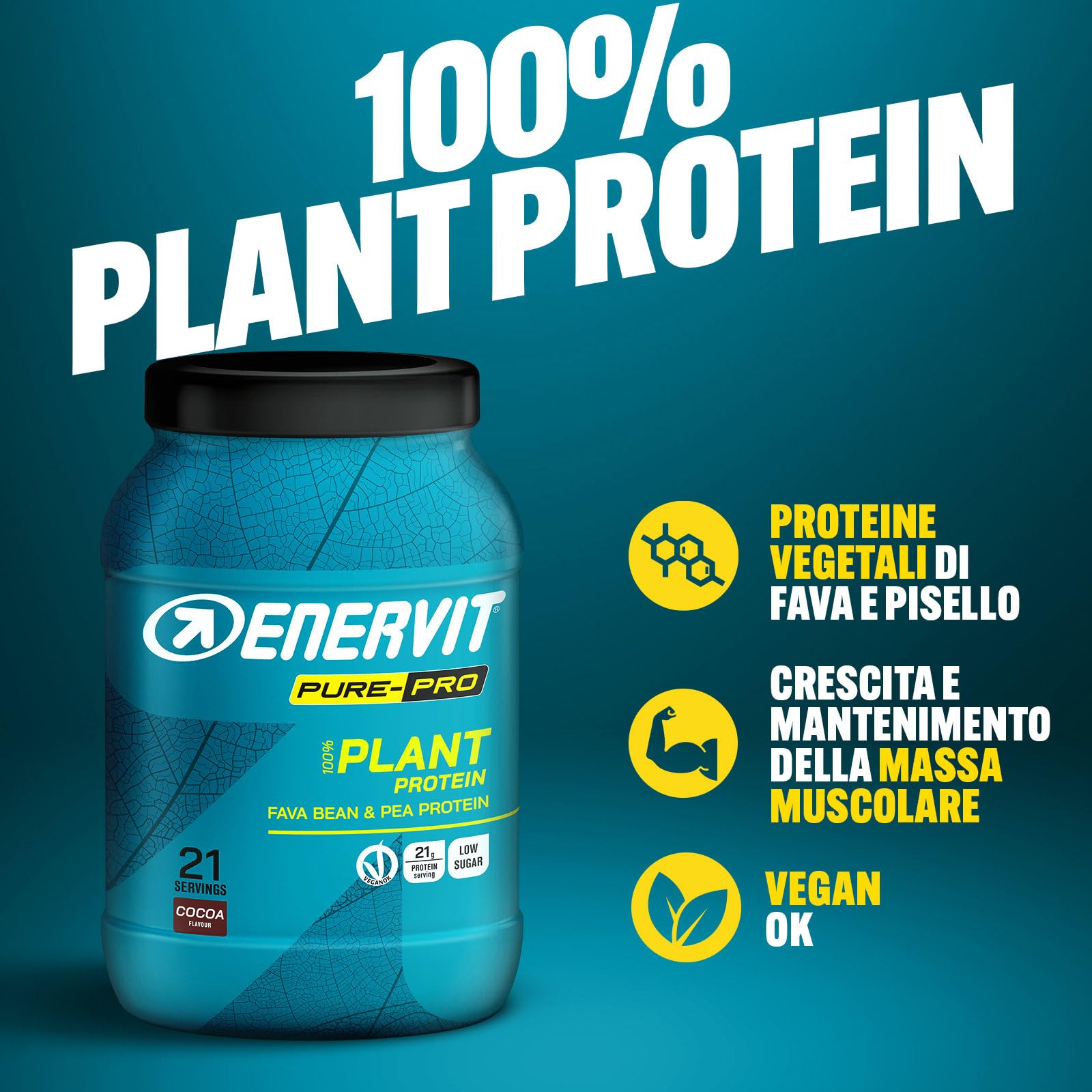 enervit-pure-pro-100-plant-protein-630g-gusto-cacao-21g-proteine-vegane image 3