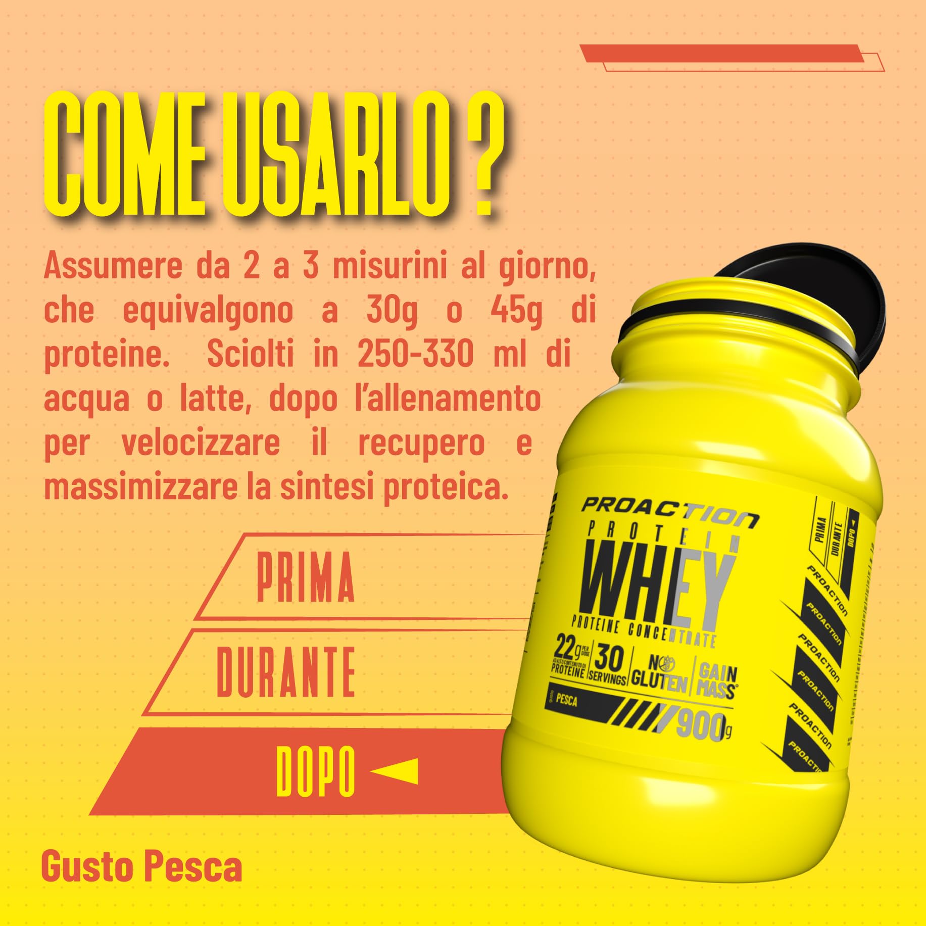 proaction-protein-whey-proteine-siero-latte-gusto-pesca-barattolo-900g-30-dosi image 3