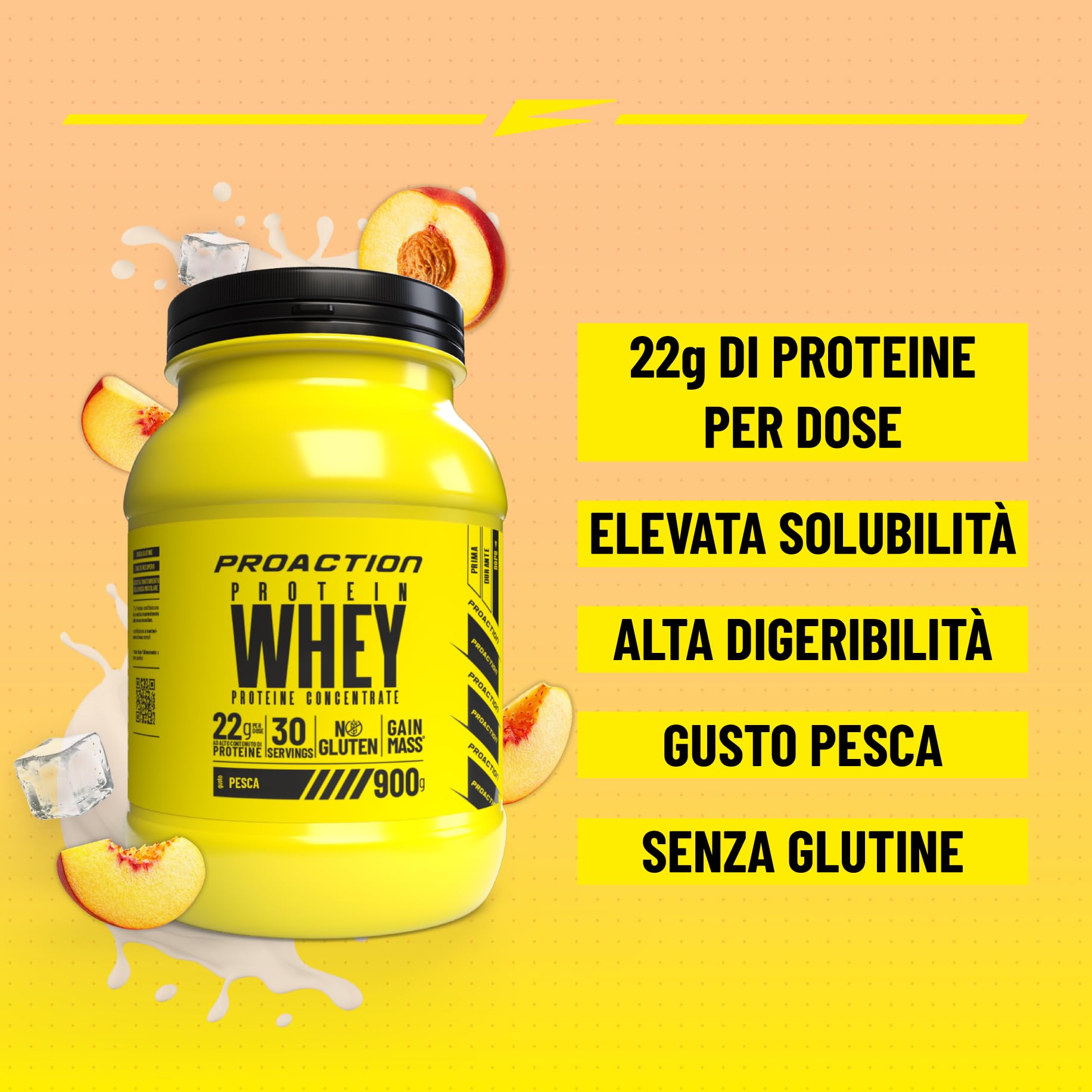 proaction-protein-whey-proteine-siero-latte-gusto-pesca-barattolo-900g-30-dosi image 2